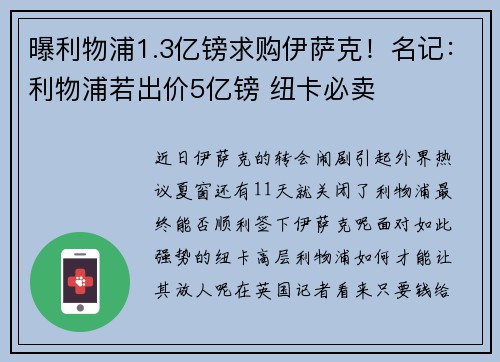 曝利物浦1.3亿镑求购伊萨克！名记：利物浦若出价5亿镑 纽卡必卖